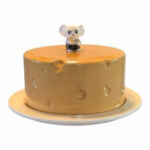 VINTAGE 1980s Dish W/Lid CERAMIC MOUSE TOPPER YELLOW CHEESE WHEEL SERVING